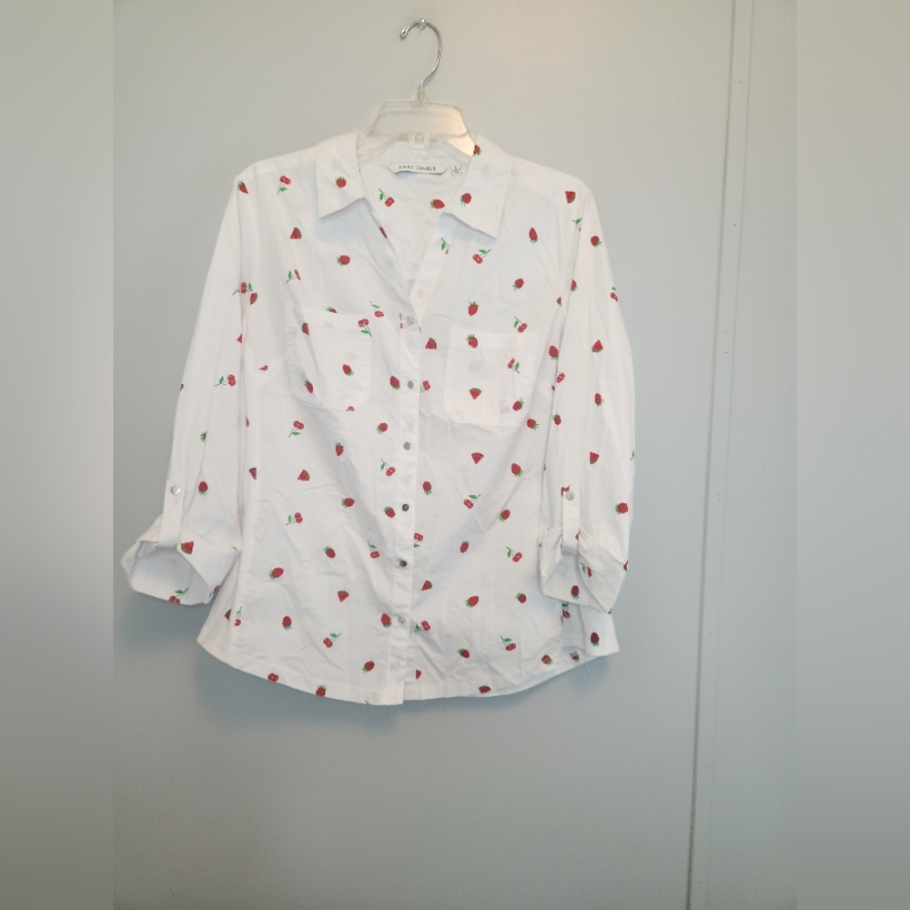 Emily Daniels White Button-Up Shirt with Fruit Print Size Large
